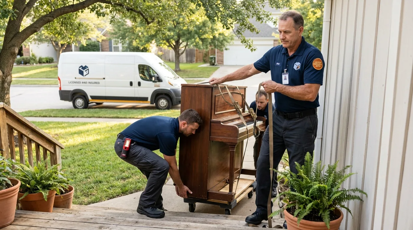 Licensed piano movers securing grand piano in Hannibal, MO