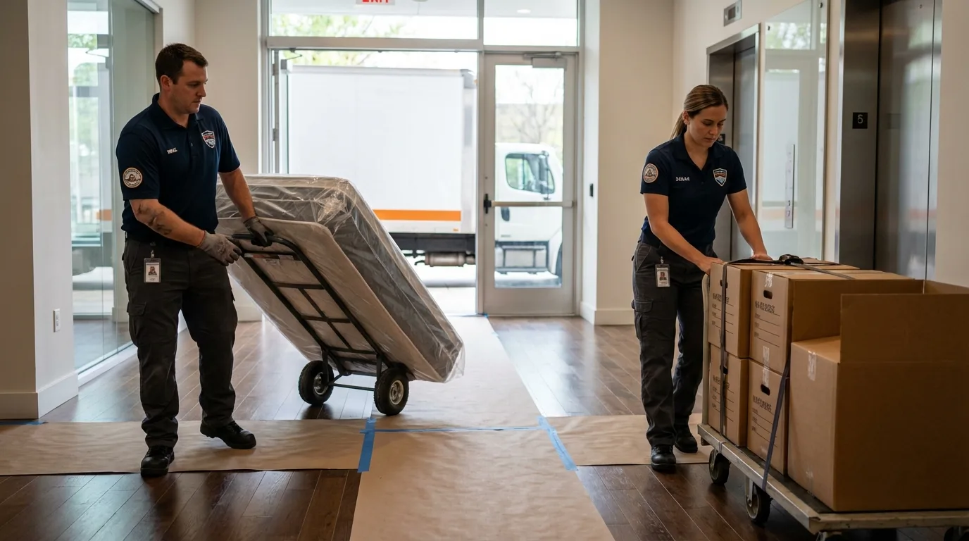 Professional apartment movers loading elevator in Hannibal, MO